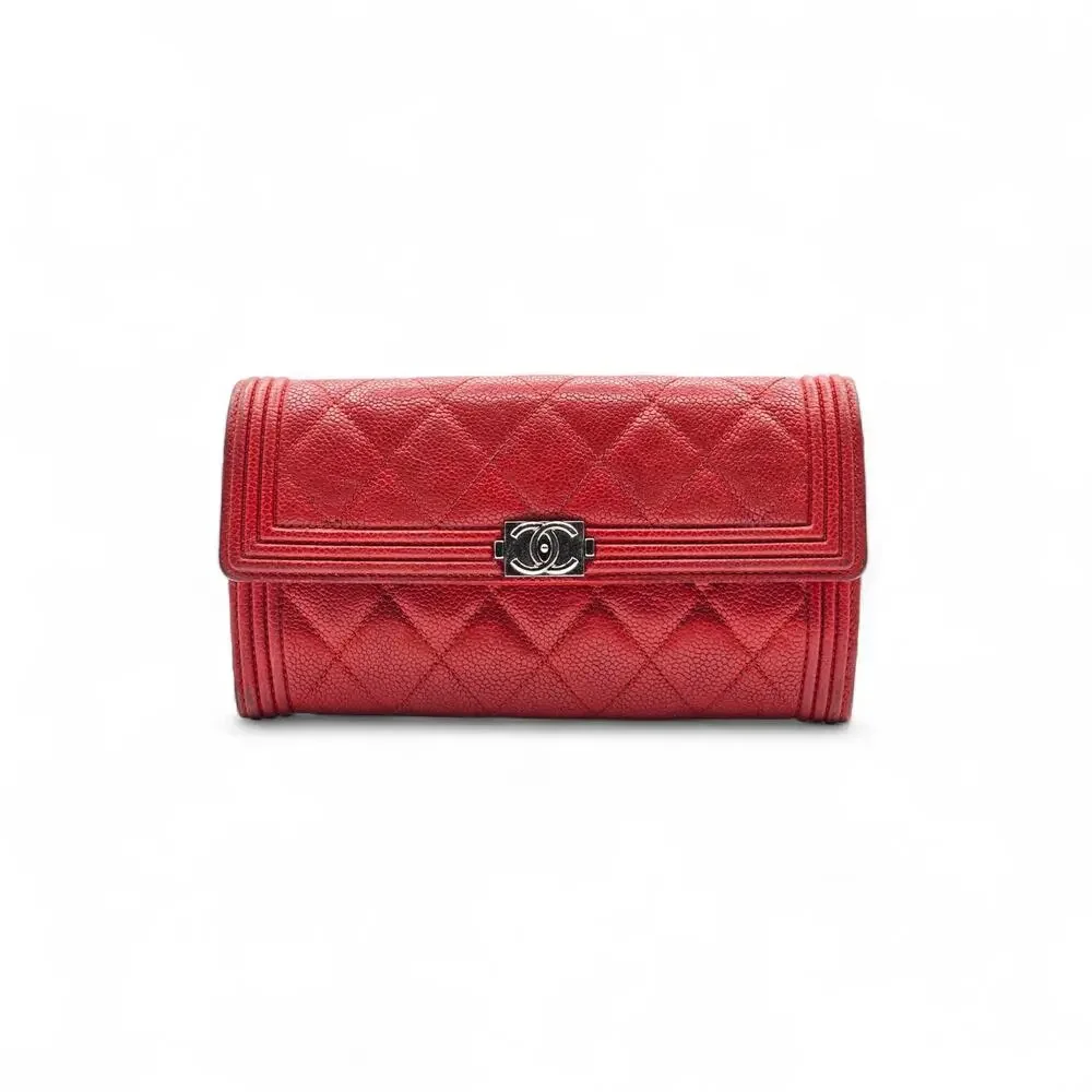 Chanel Boy Wallet Caviar Leather Red with Antique Silver HW 22 series with box